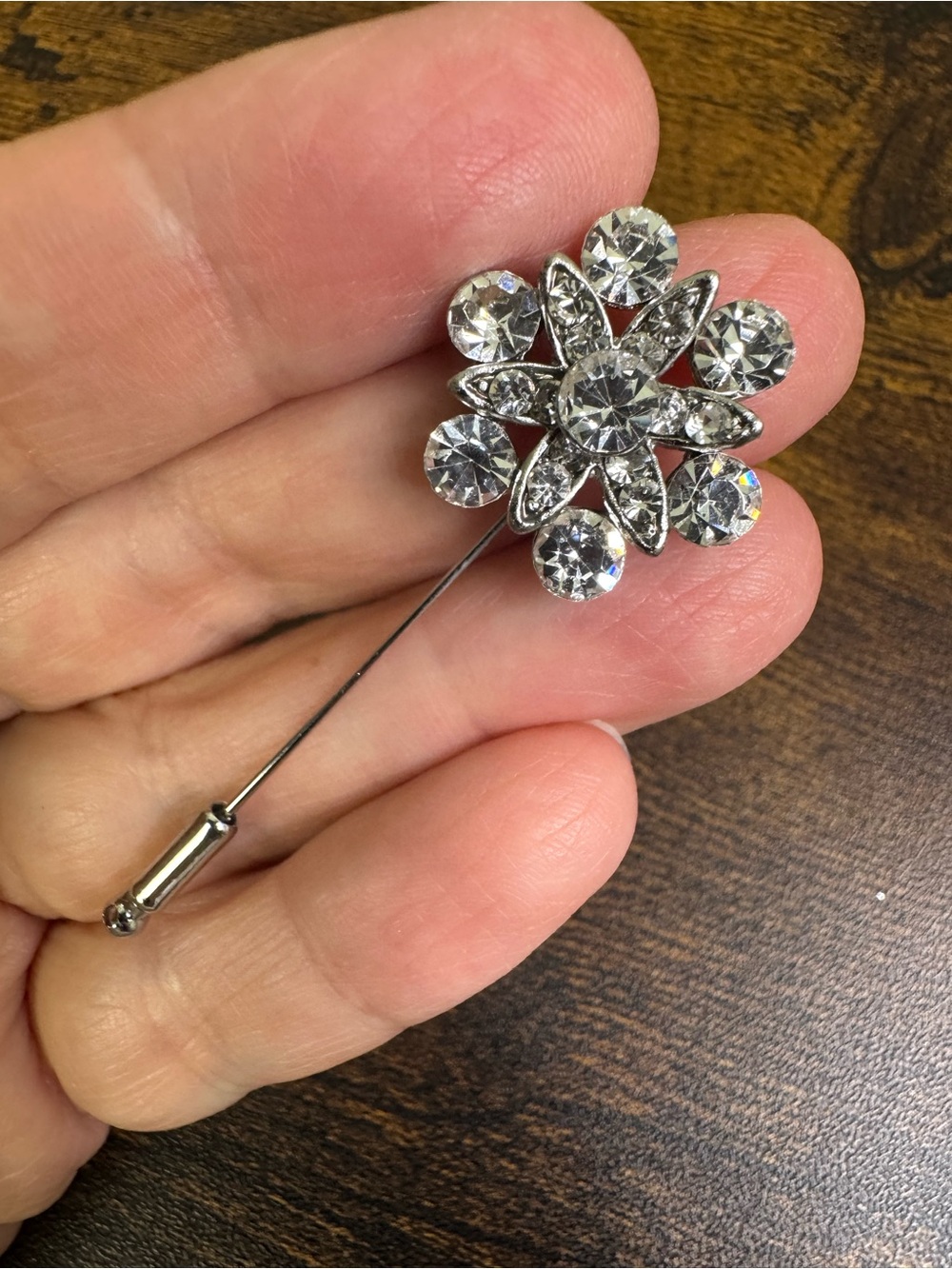 Vintage Silver Floral Rhinestone Stick Pin Brooch